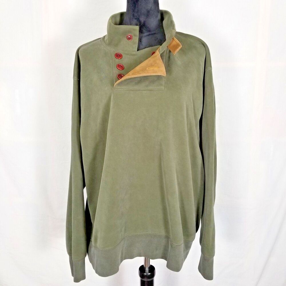 Orvis Men's Mock Neck Pullover Large Quarter Button Leather Accent Outdoor Green